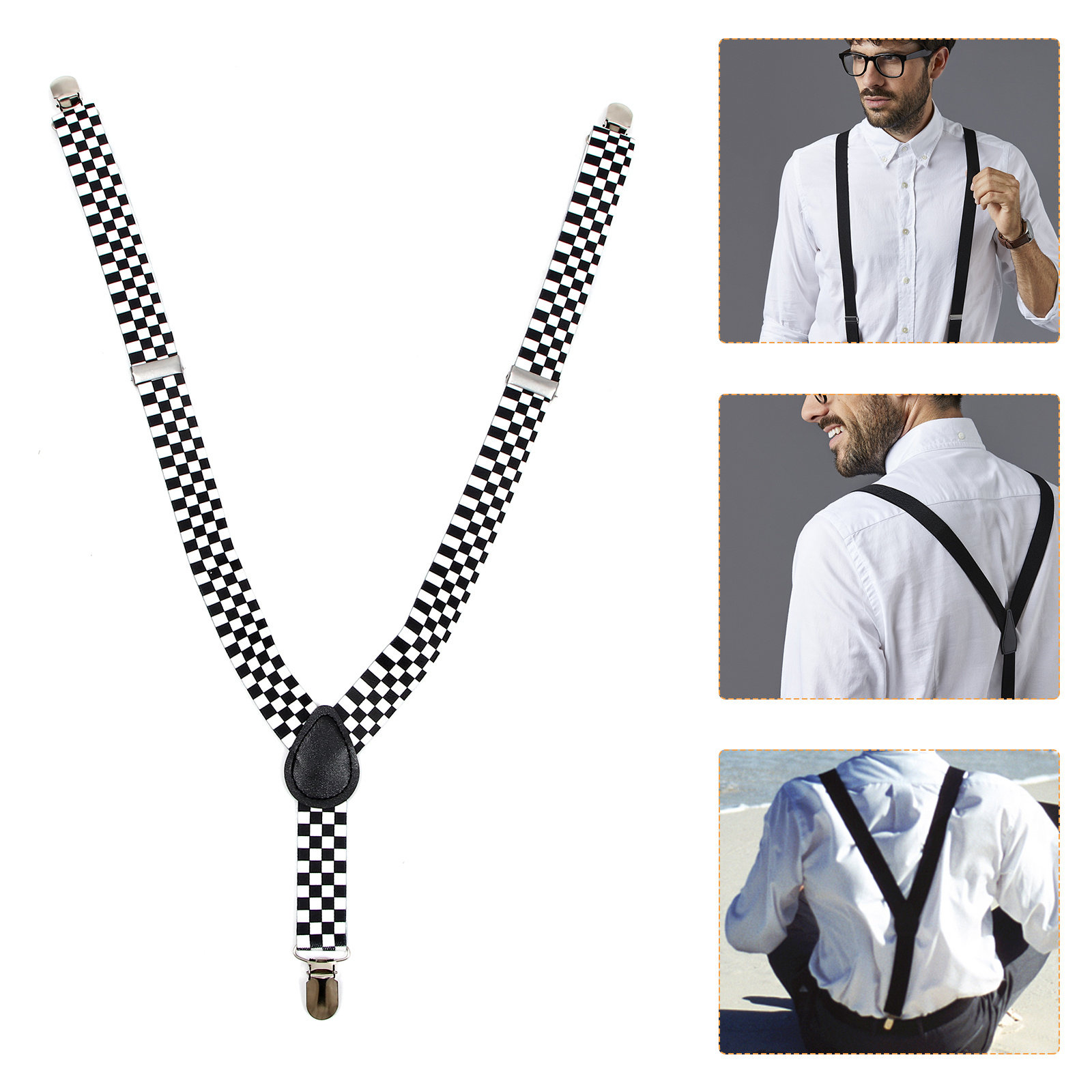 Suspender Clip Formal - Black White Checkered Clip-on Y-Back Suspender
