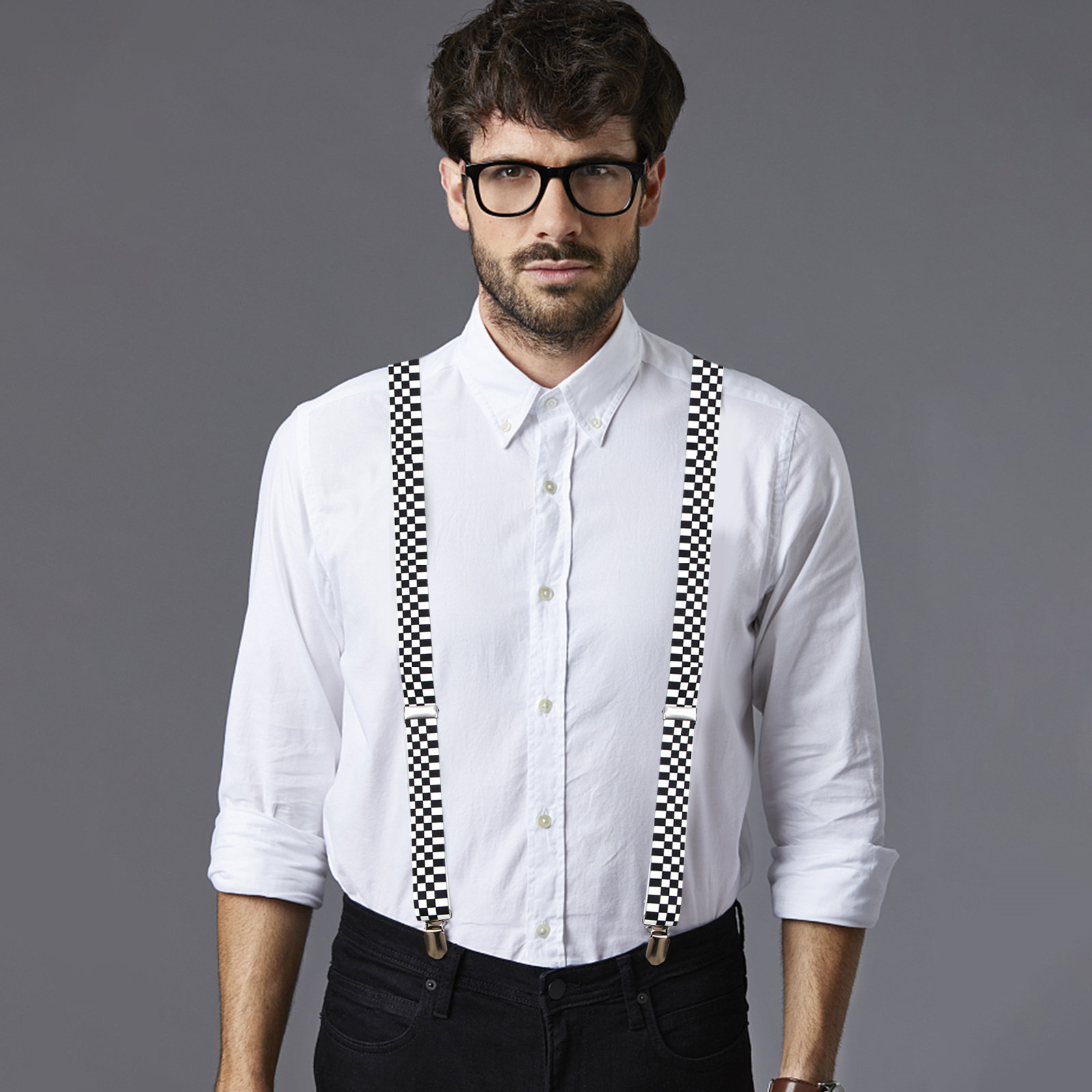 Suspender Clip Formal - Checkered Y-Back Suspender Black White Elastic